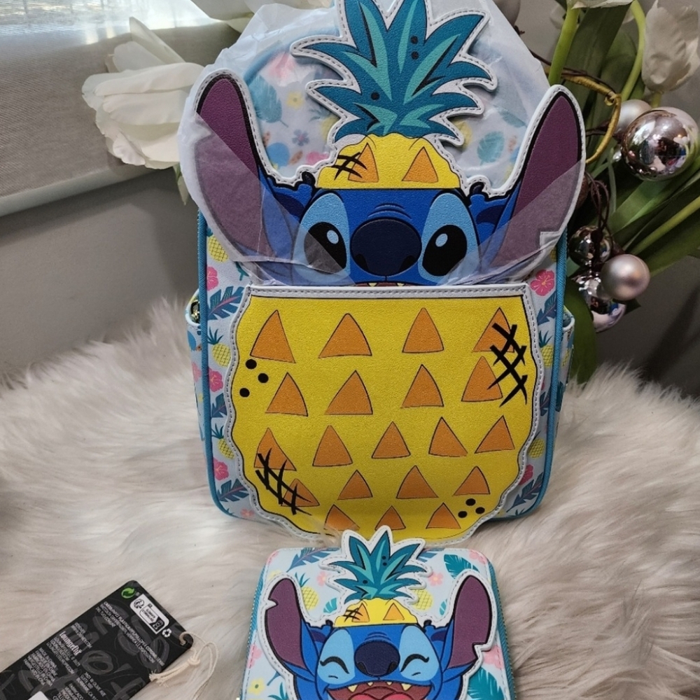 Set of 2Loungefly Disney Backpack: Pineapple Stitch Mini-Backpack&Wallet new